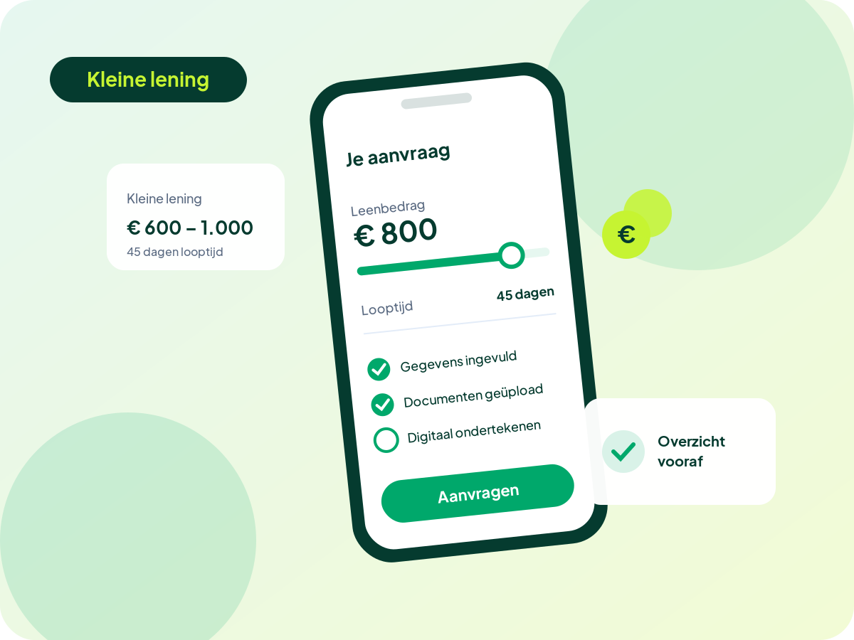 Kleine lening van € 800 met 45 dagen looptijd online aanvragen
