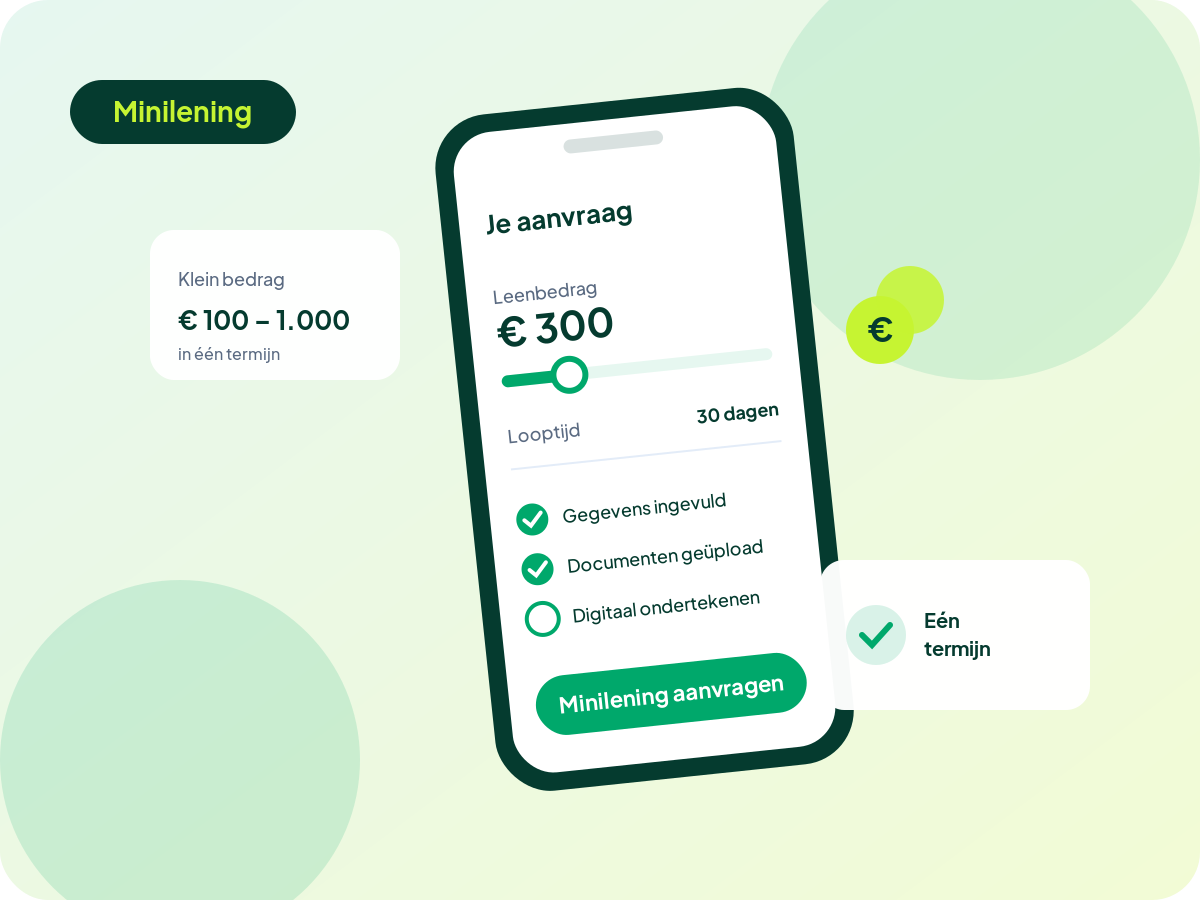 Minilening van € 300 met 30 dagen looptijd, terugbetalen in één termijn