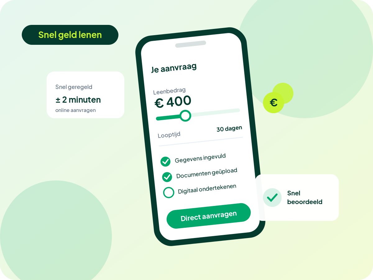 Snel geld lenen: online aanvraagscherm voor € 400 met 30 dagen looptijd